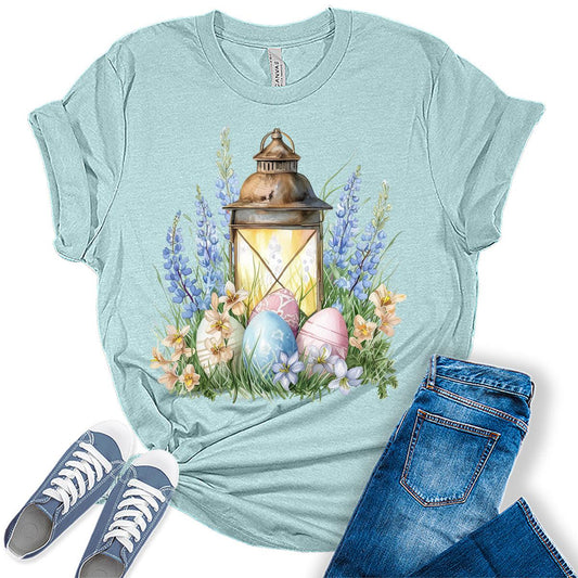 Floral Easter Egg Lantern Cute Graphic Tees for Women
