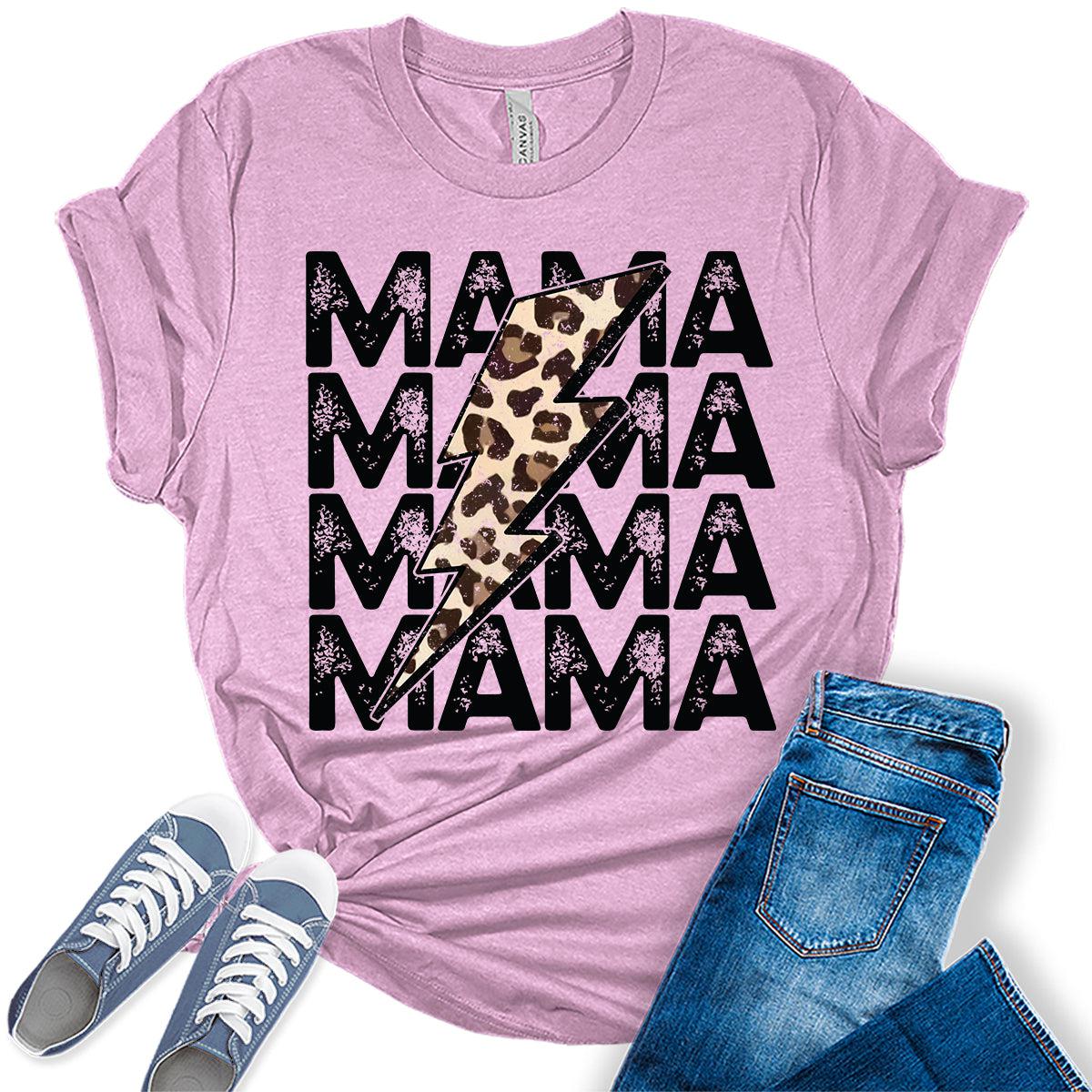 Mama Shirt Cute Thunder Leopard Letter Print Graphic Tees for Women Retro Tops
