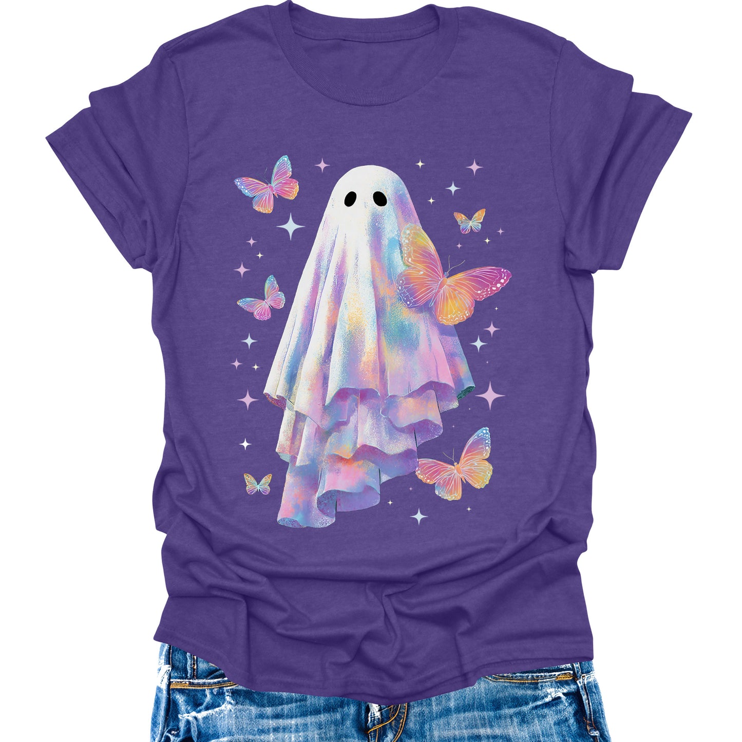 Cute Ghost Shirt for Women Halloween Butterfly Graphic Tee Short Sleeve Casual Top