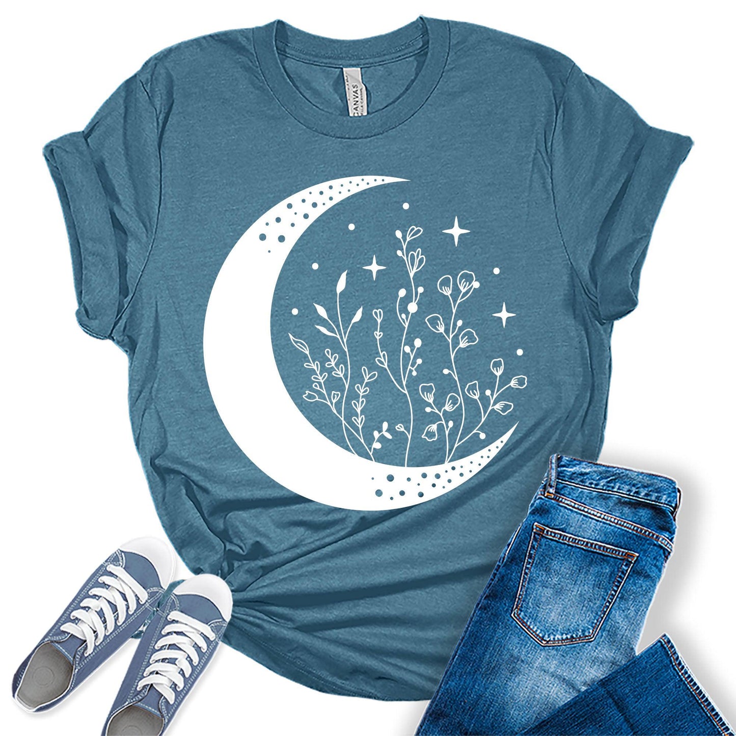 Mandala Crescent Moon Flowers Graphic Tees for Women