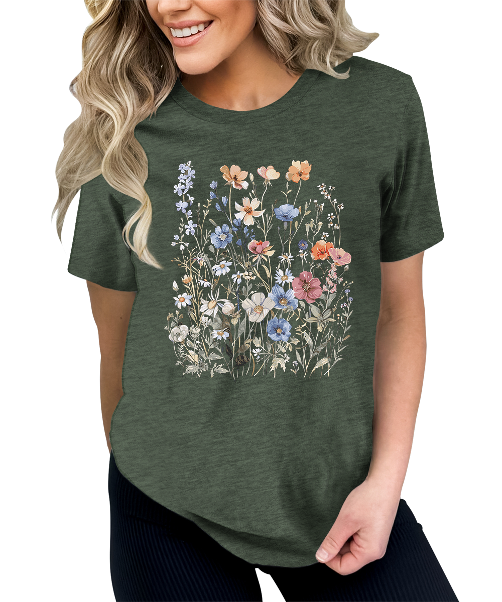 Women's Vintage Floral T Shirt Boho Wildflower Graphic Short Sleeve Tops