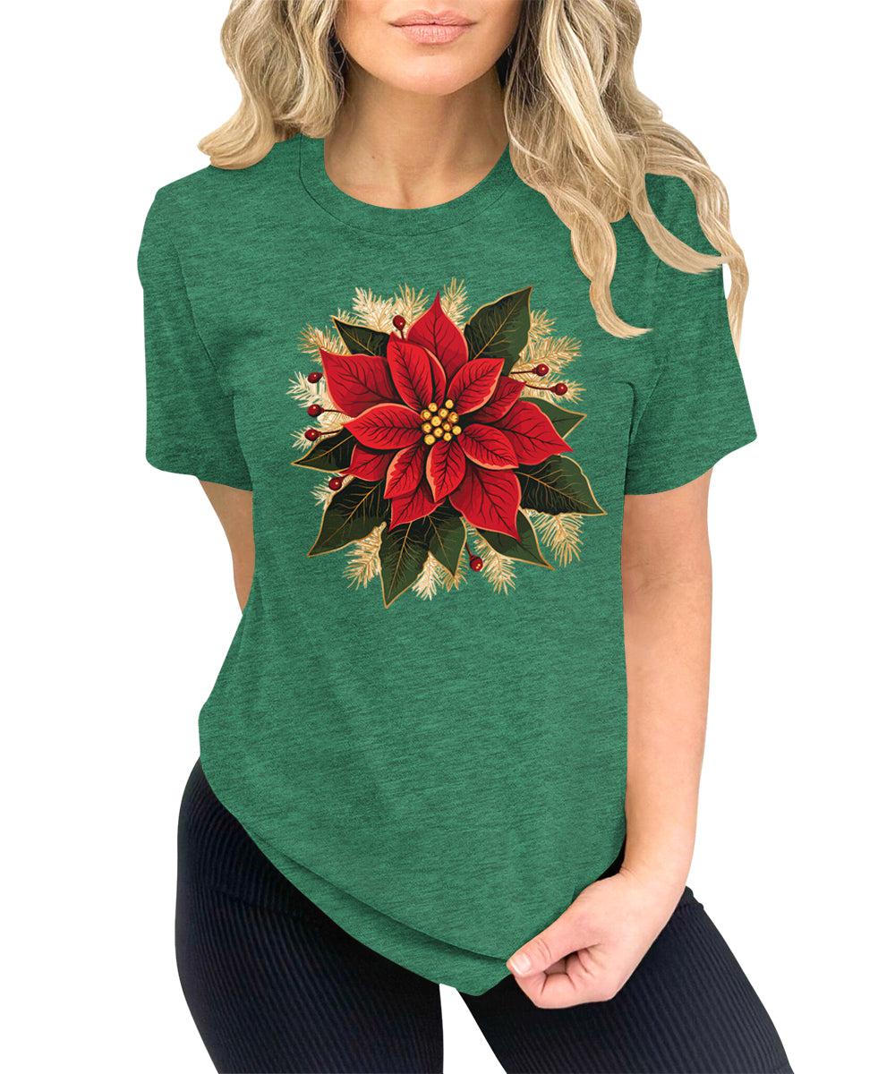 Christmas Shirts for Women Poinsettias Flower Graphic Tees Holiday Xmas Tshirts
