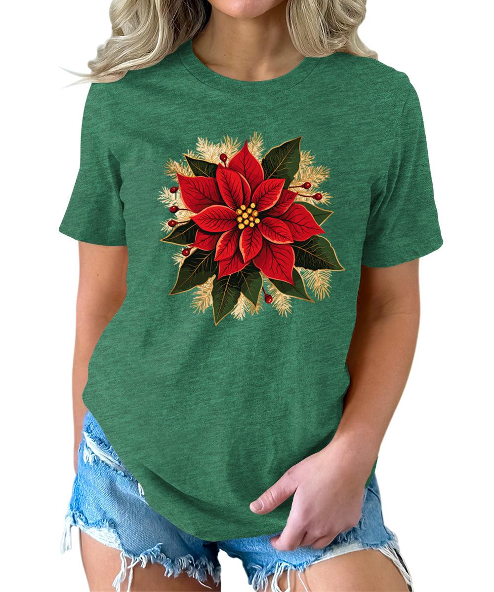 Christmas Shirts for Women Poinsettias Flower Graphic Tees Holiday Xmas Tshirts