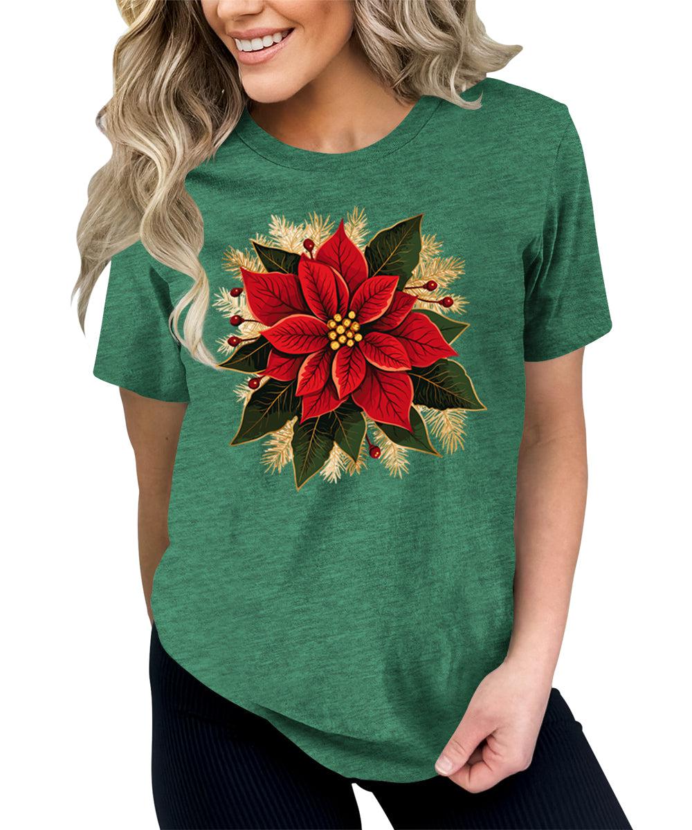 Christmas Shirts for Women Poinsettias Flower Graphic Tees Holiday Xmas Tshirts