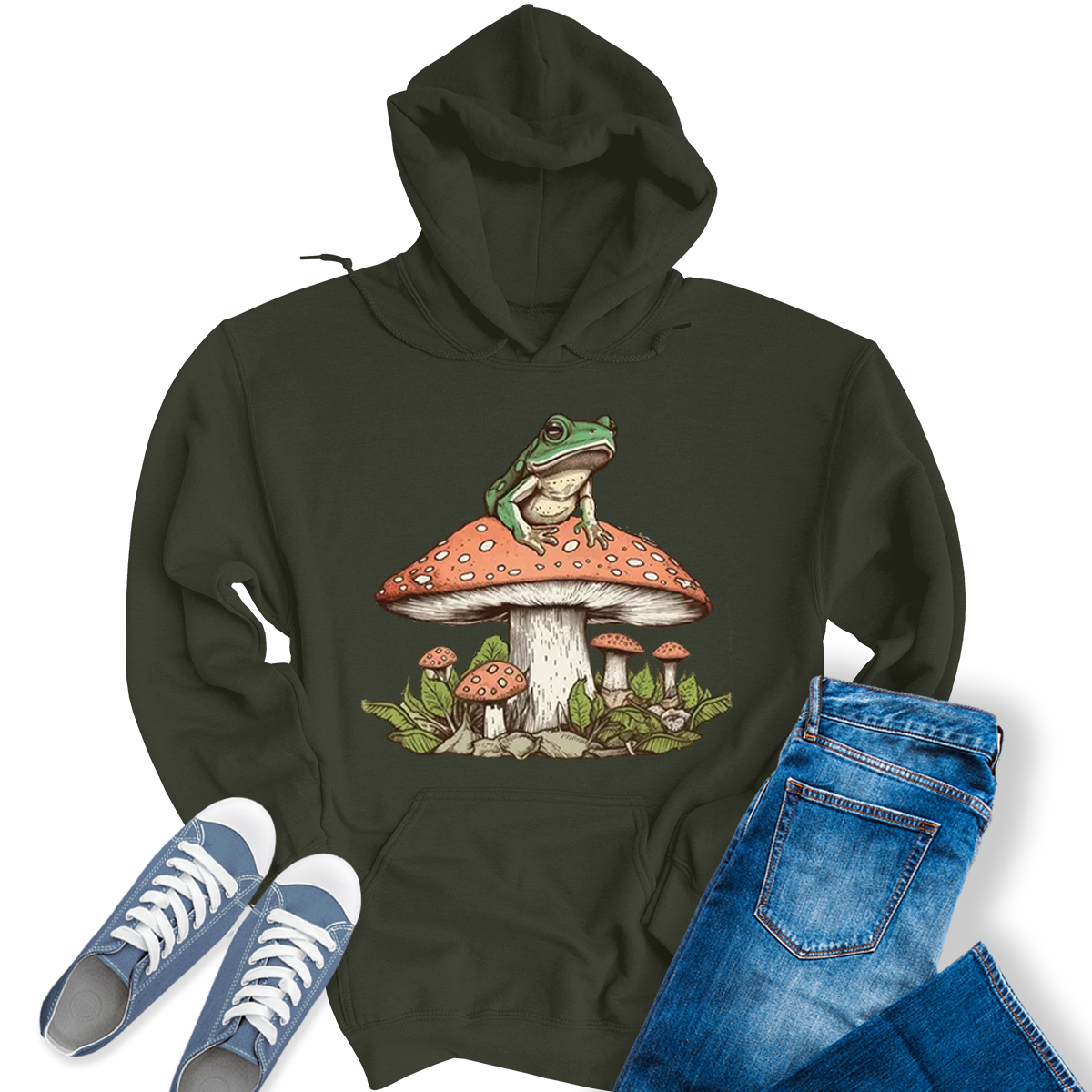 Womens Mushroom Frog Graphic Cottagecore Hoodie