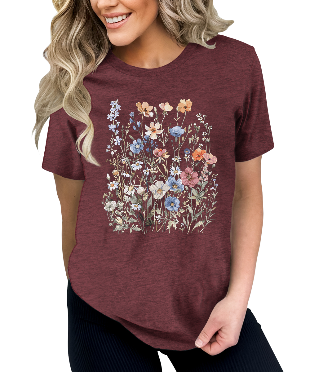 Women's Vintage Floral T Shirt Boho Wildflower Graphic Short Sleeve Tops