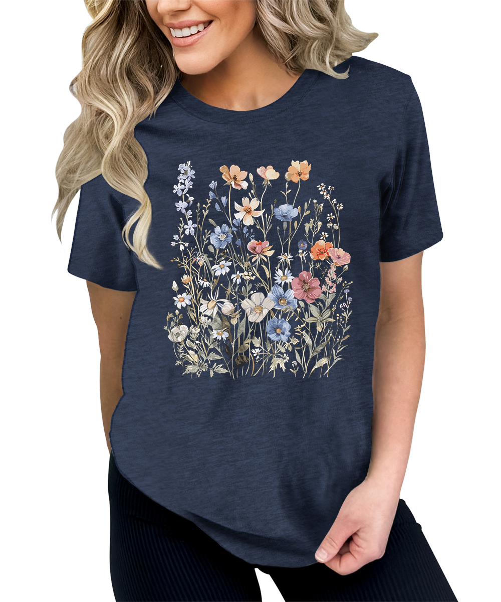 Women's Vintage Floral T Shirt Boho Wildflower Graphic Short Sleeve Tops