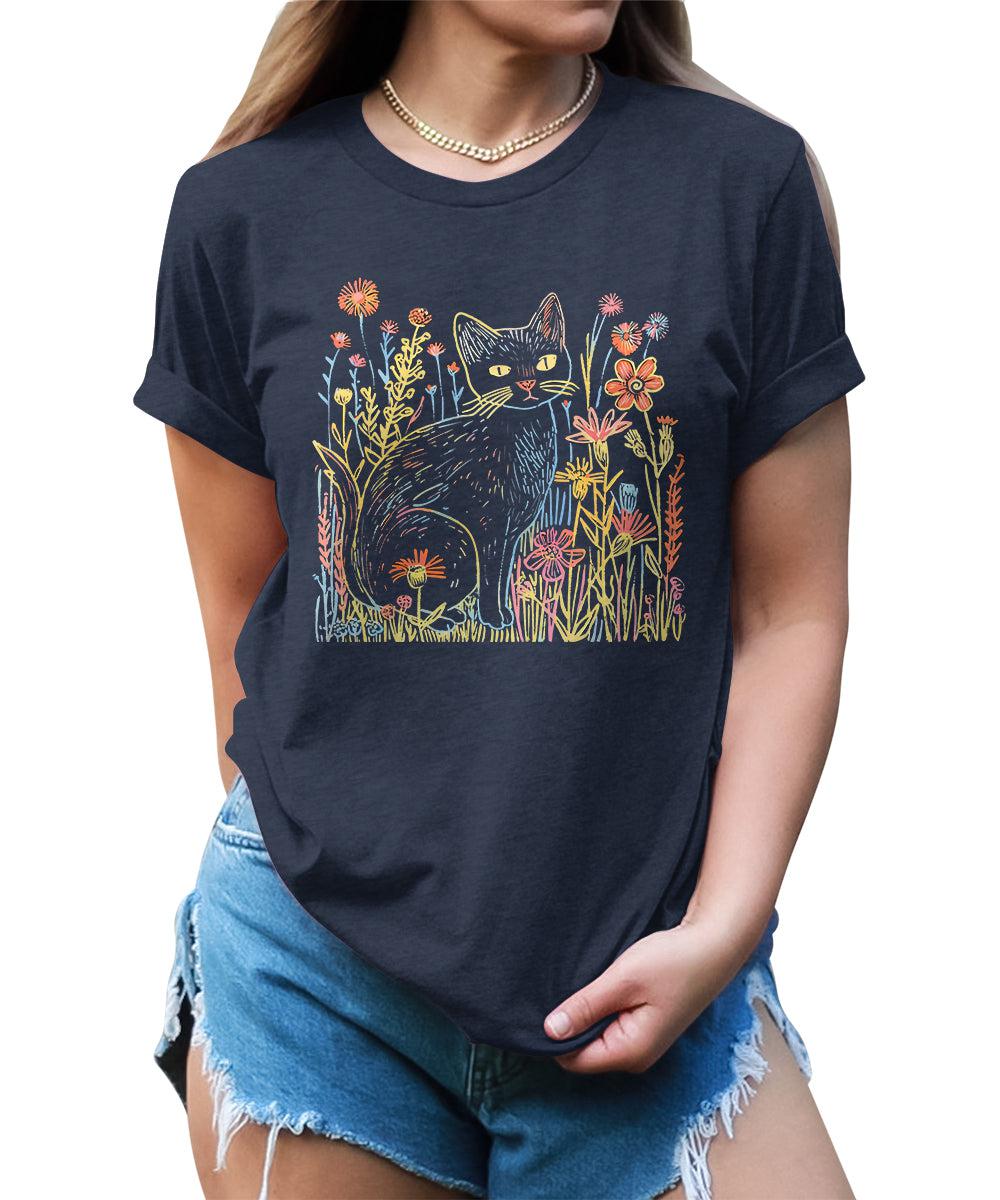 Cat Shirts Cute Wildflower Graphic Tees For Women