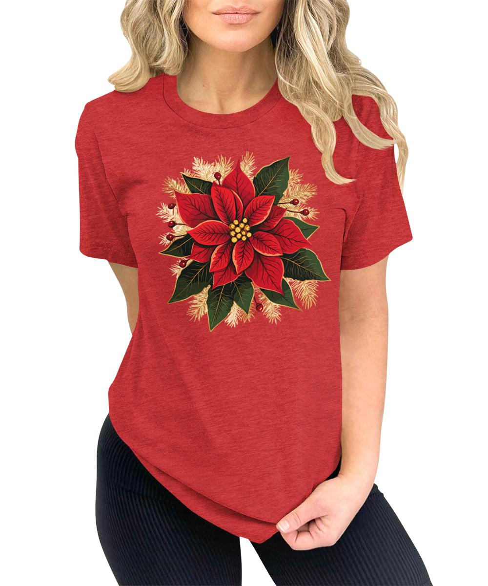 Christmas Shirts for Women Poinsettias Flower Graphic Tees Holiday Xmas Tshirts
