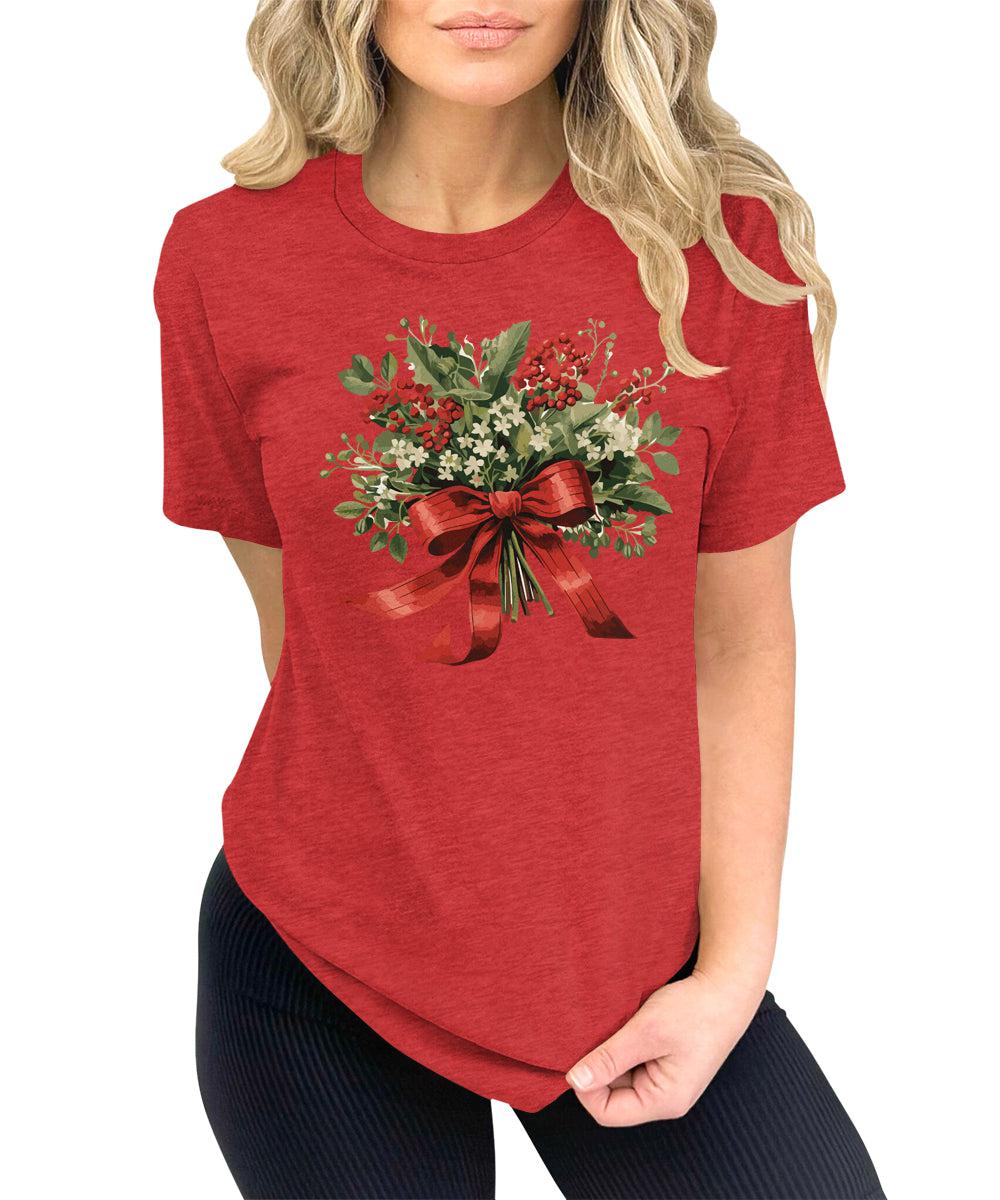 Christmas Shirt for Women Holly Graphic Tees Cute Floral Tops
