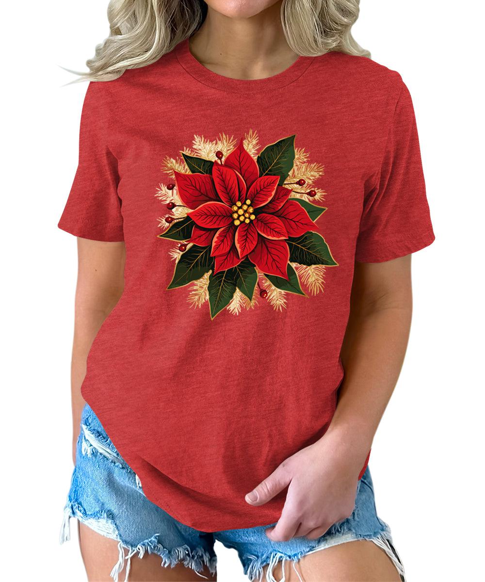 Christmas Shirts for Women Poinsettias Flower Graphic Tees Holiday Xmas Tshirts