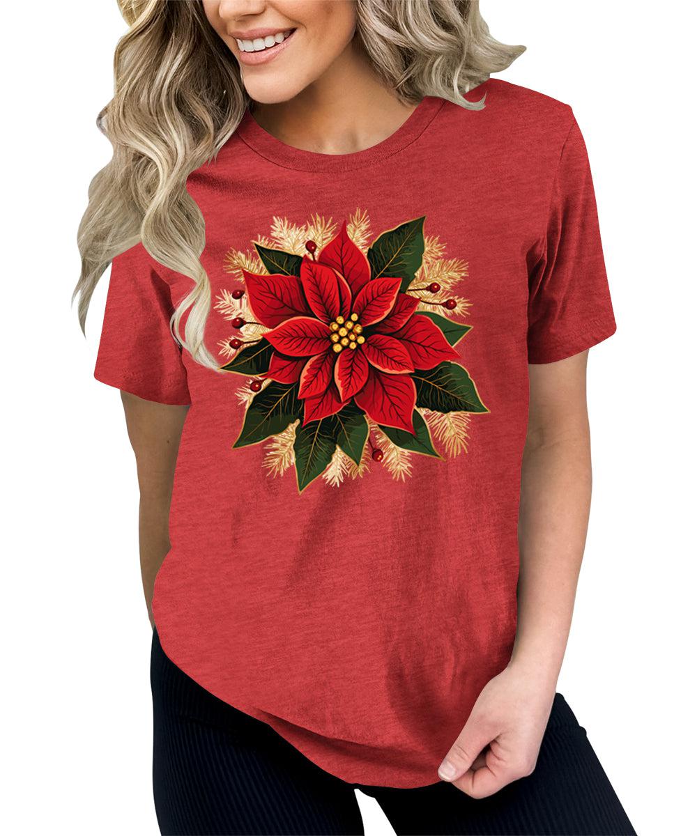 Christmas Shirts for Women Poinsettias Flower Graphic Tees Holiday Xmas Tshirts