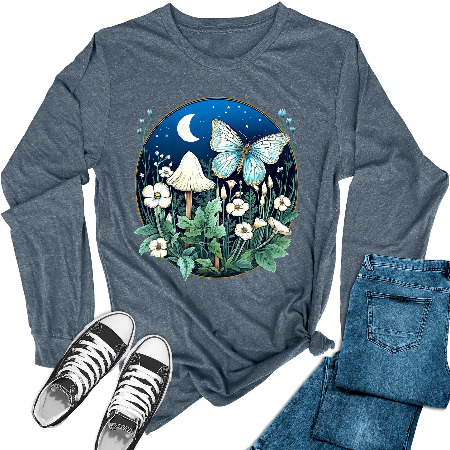 Women's Moon Mushroom Butterfly Long Sleeve Graphic Tees