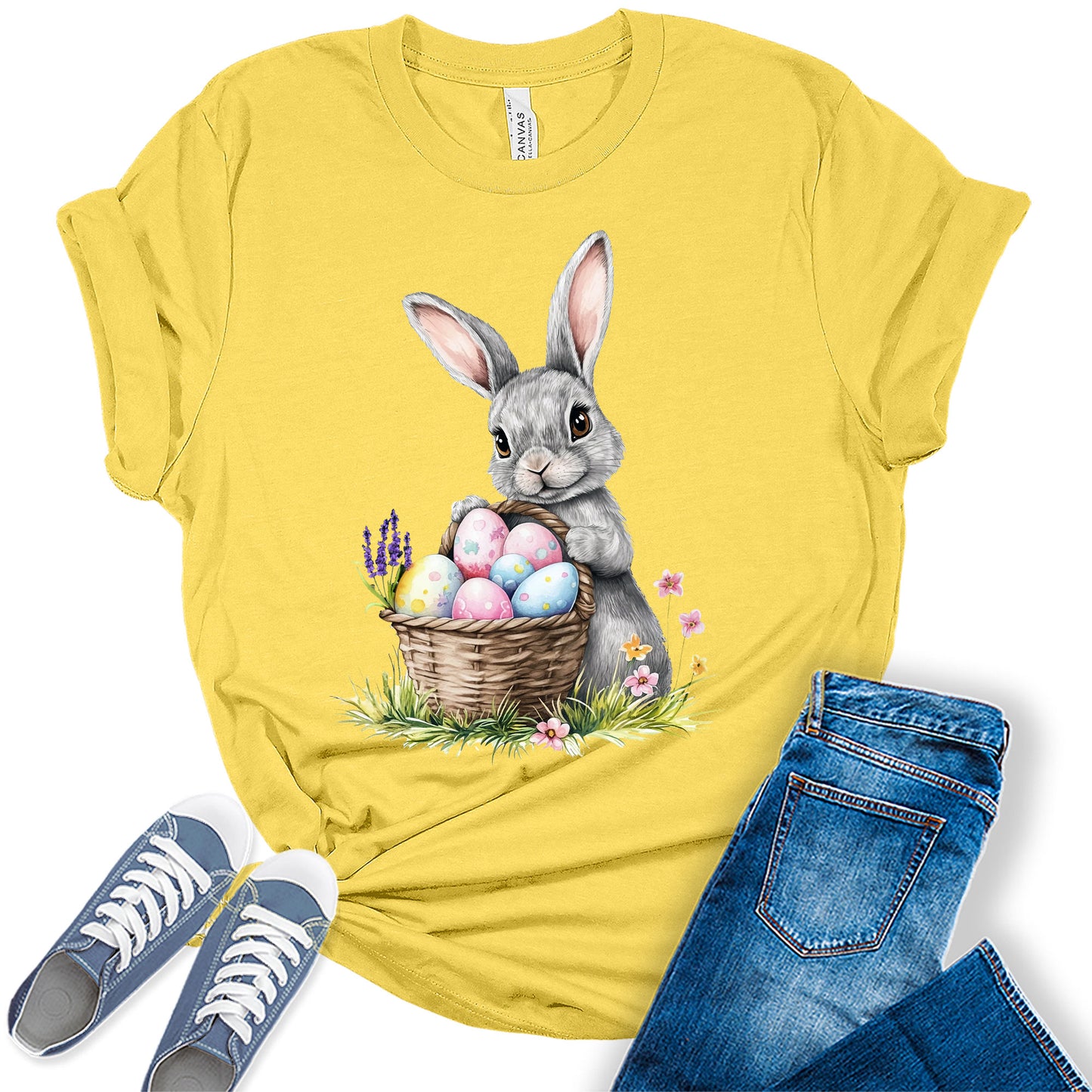 Easter Bunny Shirt Cute Pastel Egg T-Shirt Spring Floral Holiday Bella Plus Size Tops
