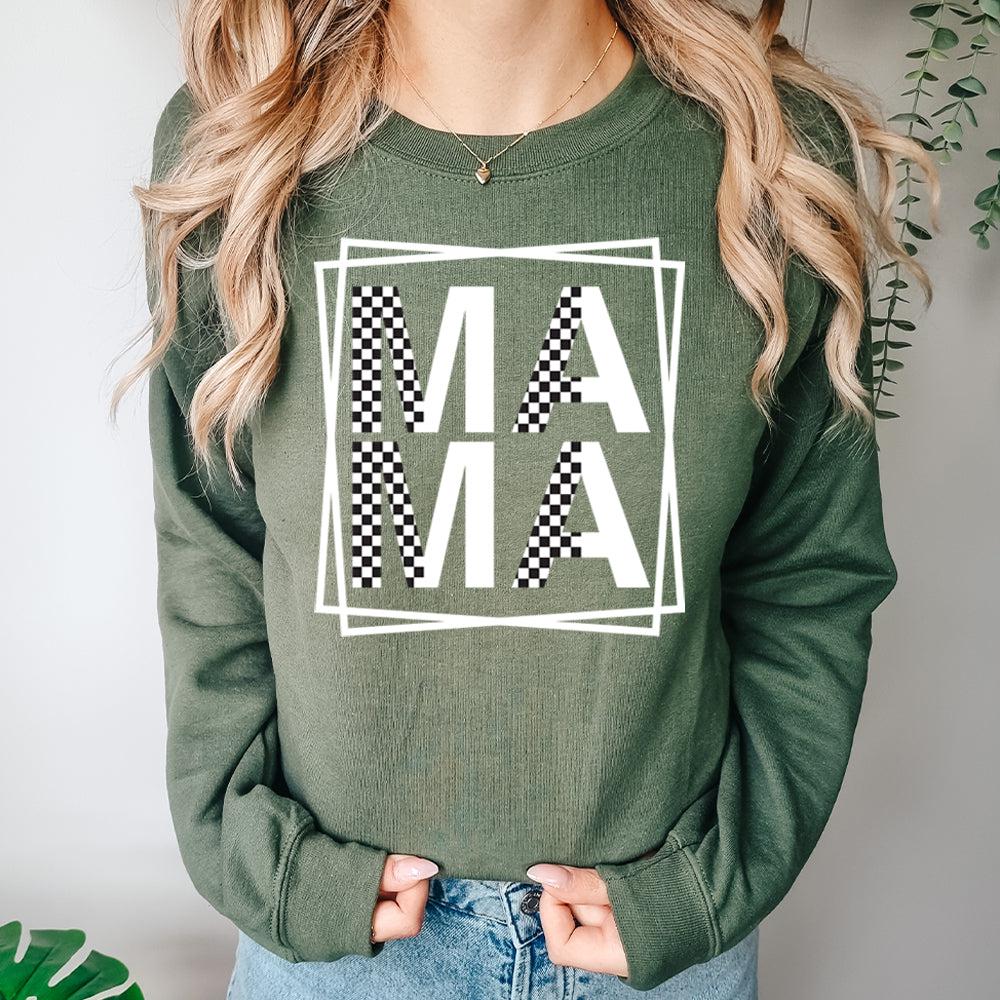 Mama Crewneck Sweatshirt Checkeetter Print Tops for Women