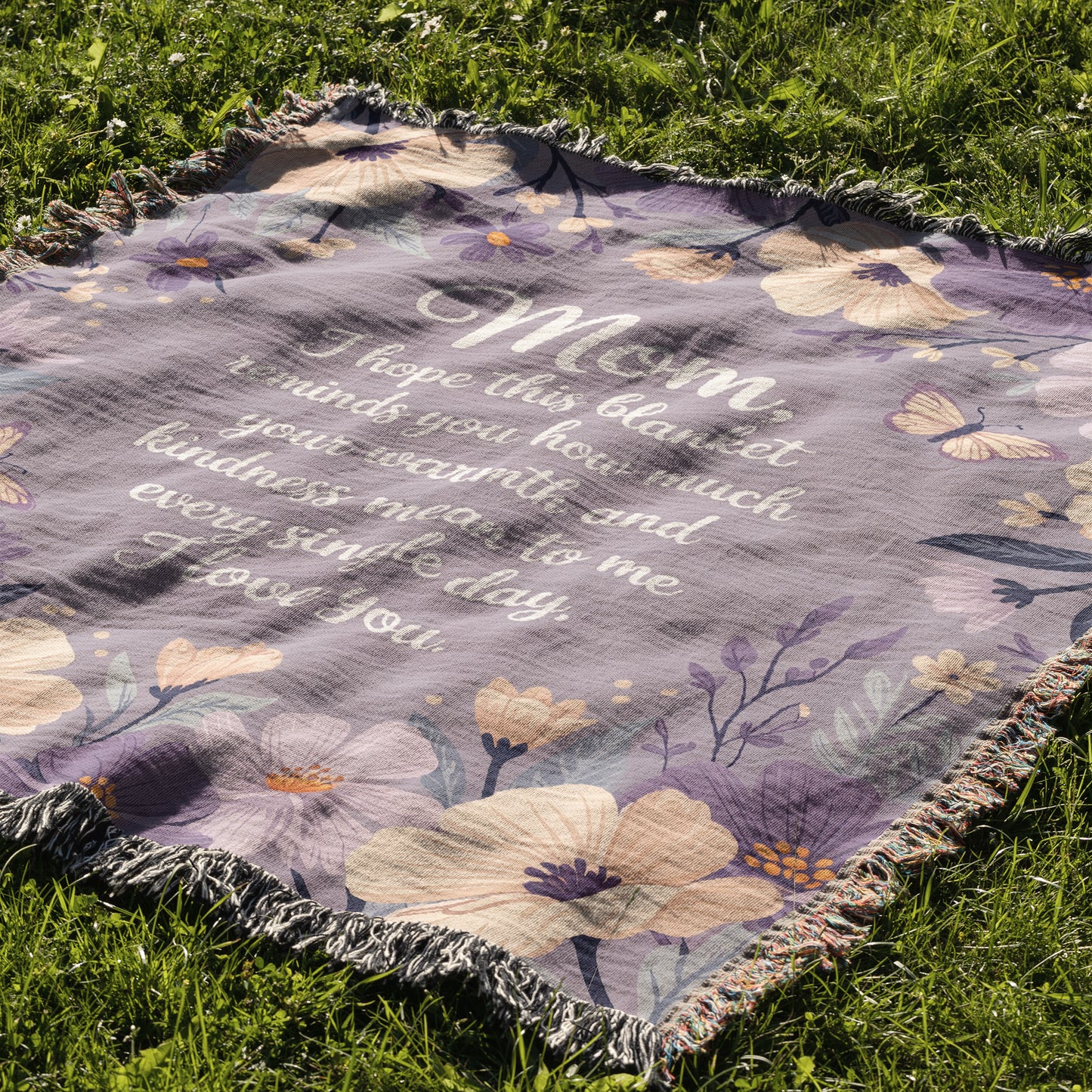 Mom Love You Floral Gift for Mother's Day Gift Purple Woven Blanket - Ships Free