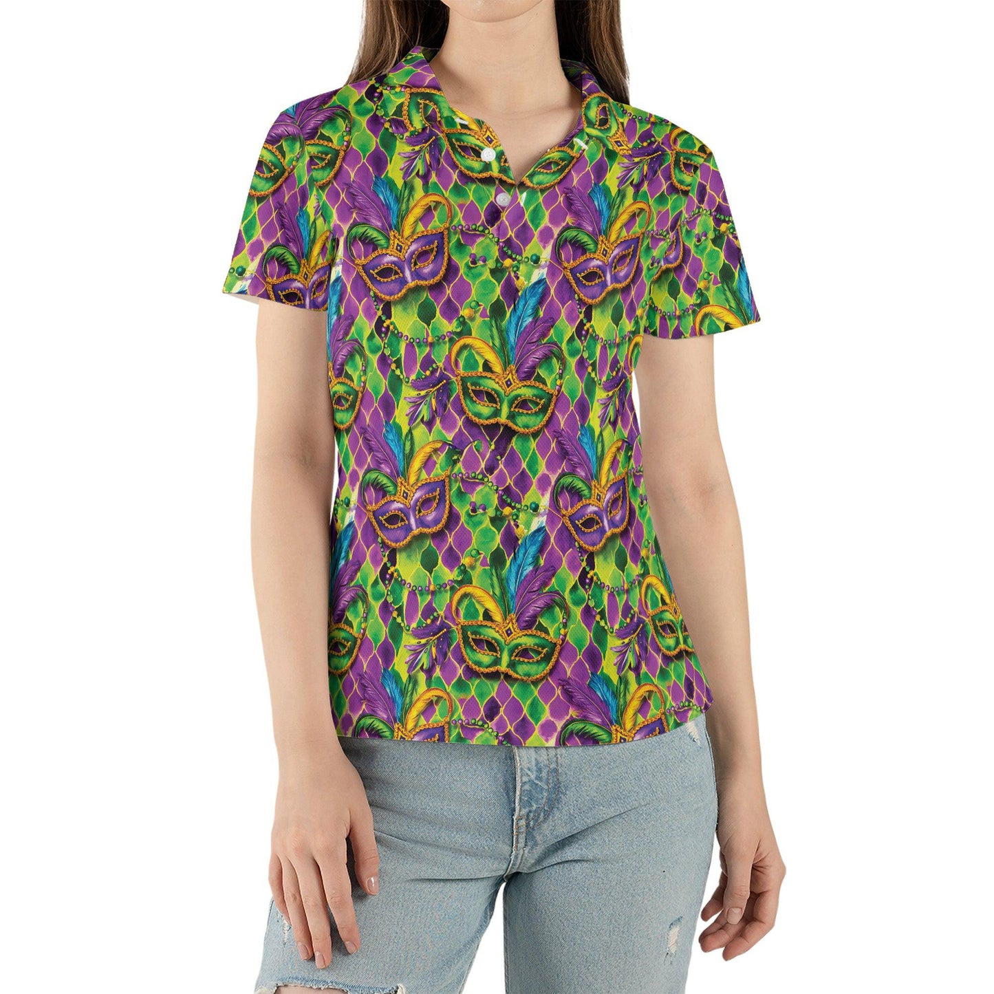 Mardi Gras Polo Shirts for Women Party Mask Shirt Moisture Wicking Short Sleeve Golf Shirt