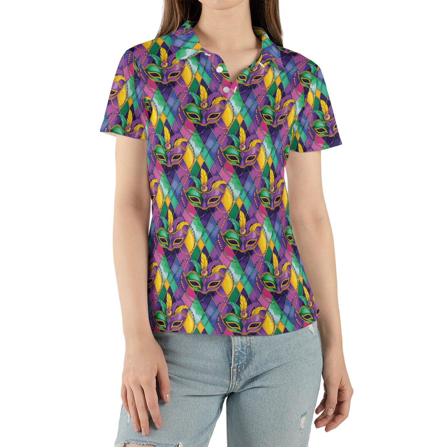 Mardi Gras Polo Shirts for Women Mask Party Shirt Moisture Wicking Short Sleeve Golf Shirt