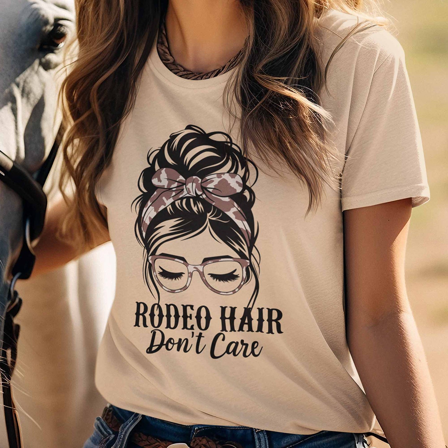 Western Outfit For Women Summer Rodeo Hair Don't Care Messy Bun Graphic Tees Bella Plus Size Tops
