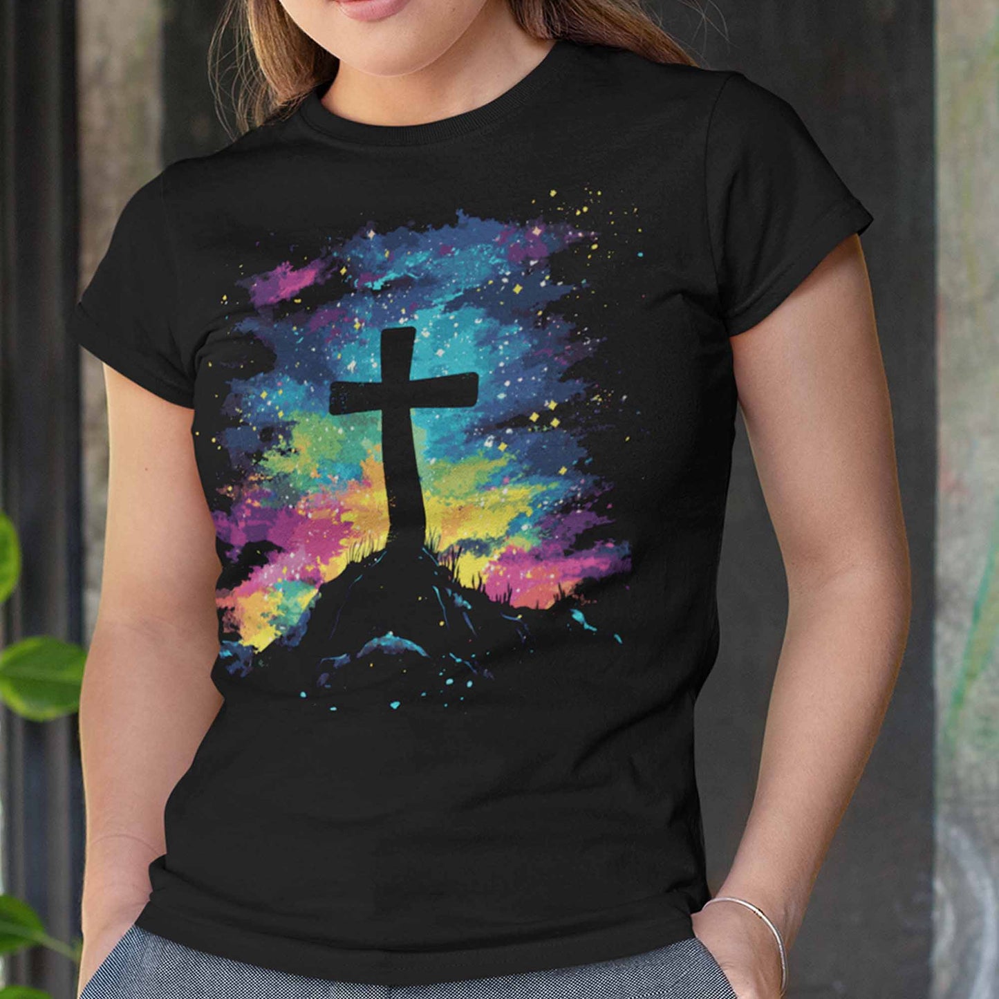 Women's Easter Cross Night Sky Shirts Cute Trendy Northern Lights Casual Graphic Tees Bella Plus Sized Tops