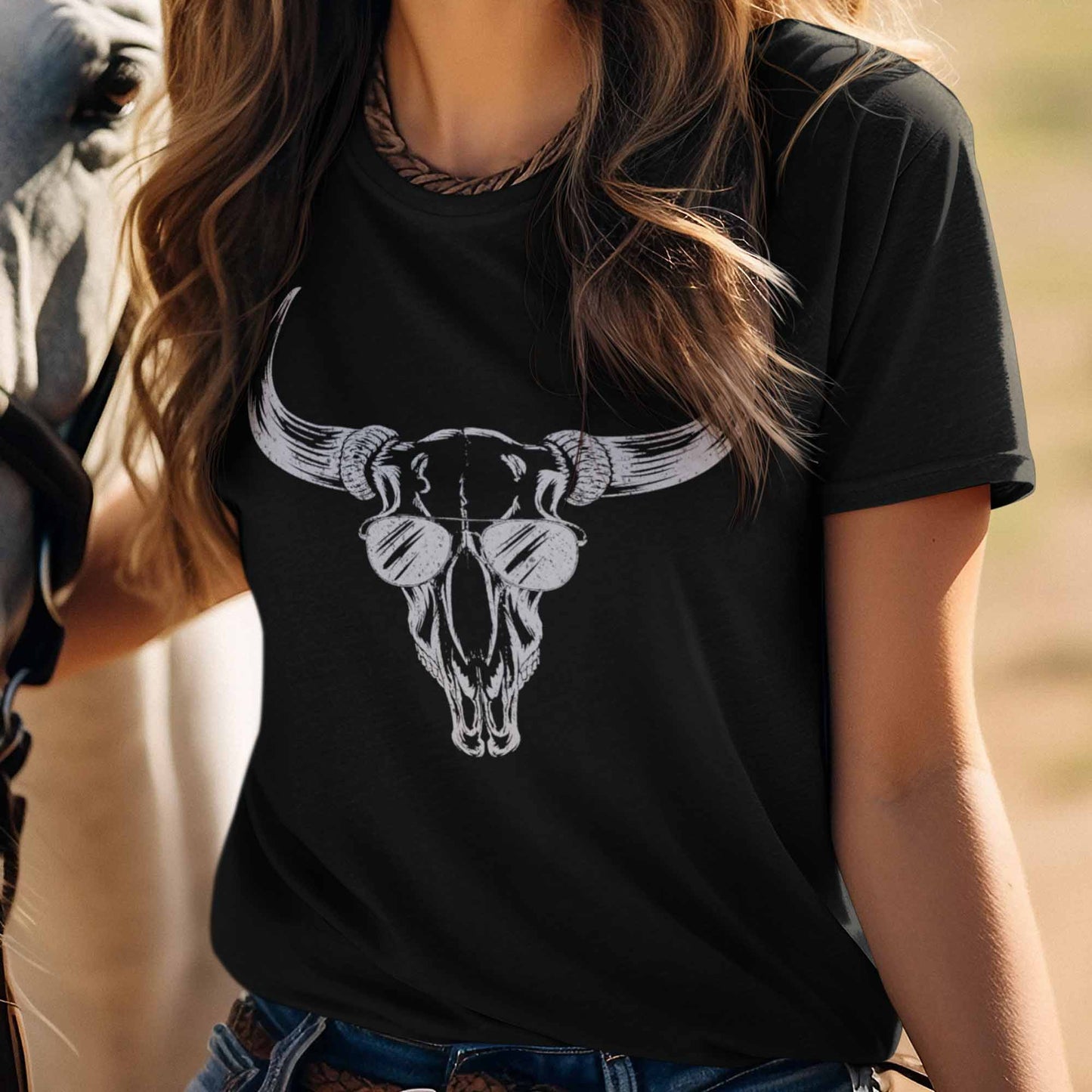 Western Outfit T Shirts Summer Country Rodeo Bull Skull With Sunglasses Graphic Tees Bella Plus Size Tops For Women