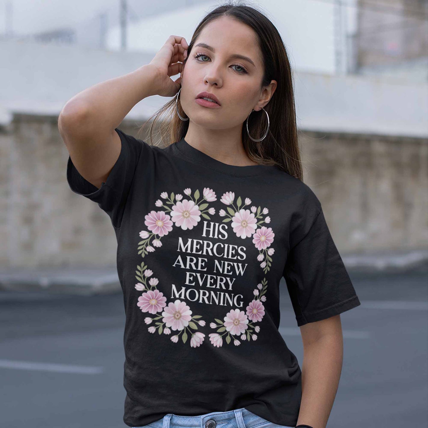 Women's His Mercies Are New Cute Trendy Faith Shirts Christian Casual Graphic Tees Bella Plus Sized Tops
