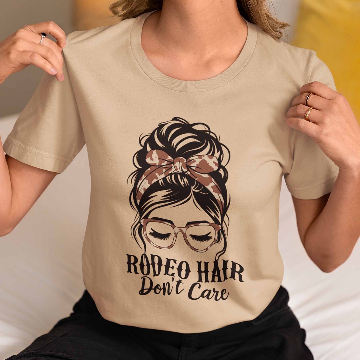 Western Outfit For Women Summer Rodeo Hair Don't Care Messy Bun Graphic Tees Bella Plus Size Tops