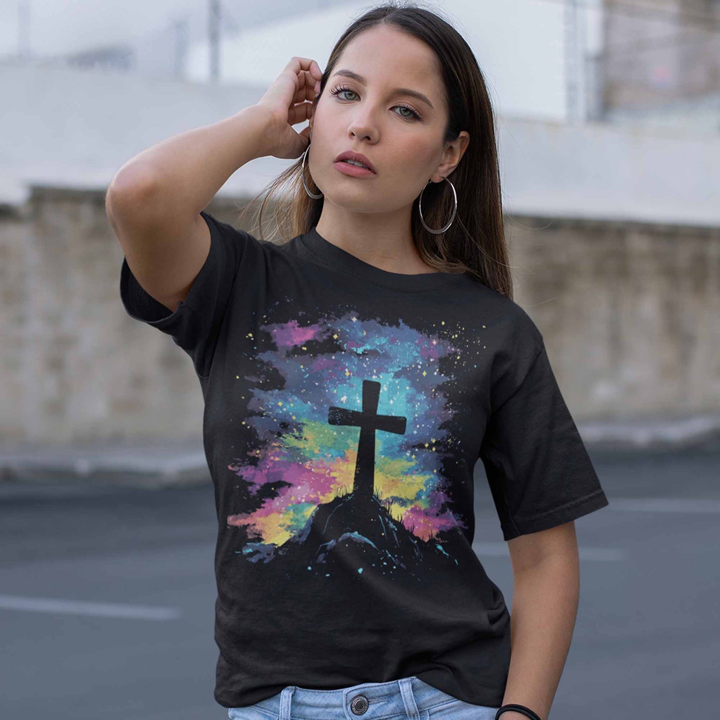 Women's Easter Cross Night Sky Shirts Cute Trendy Northern Lights Casual Graphic Tees Bella Plus Sized Tops