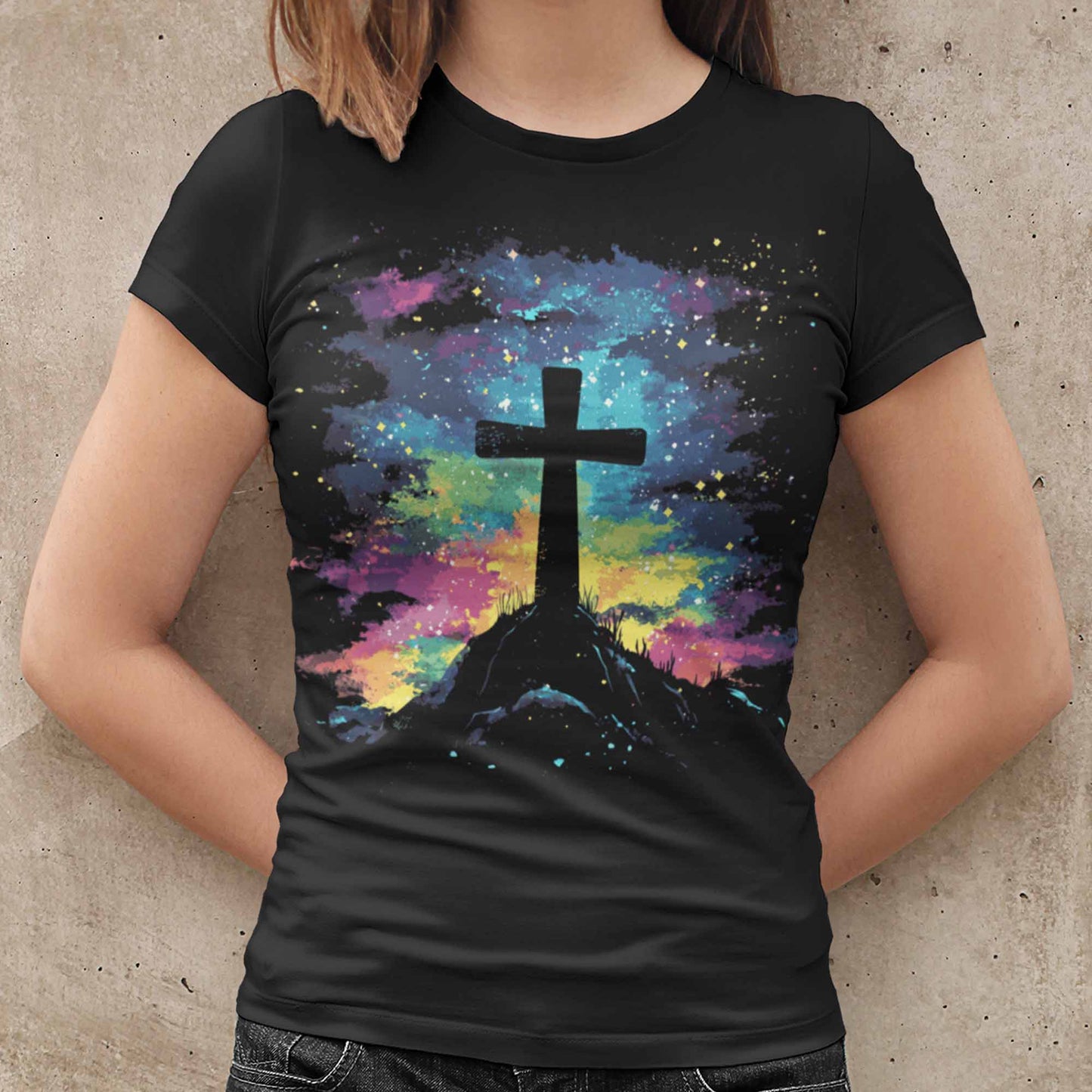 Women's Easter Cross Night Sky Shirts Cute Trendy Northern Lights Casual Graphic Tees Bella Plus Sized Tops