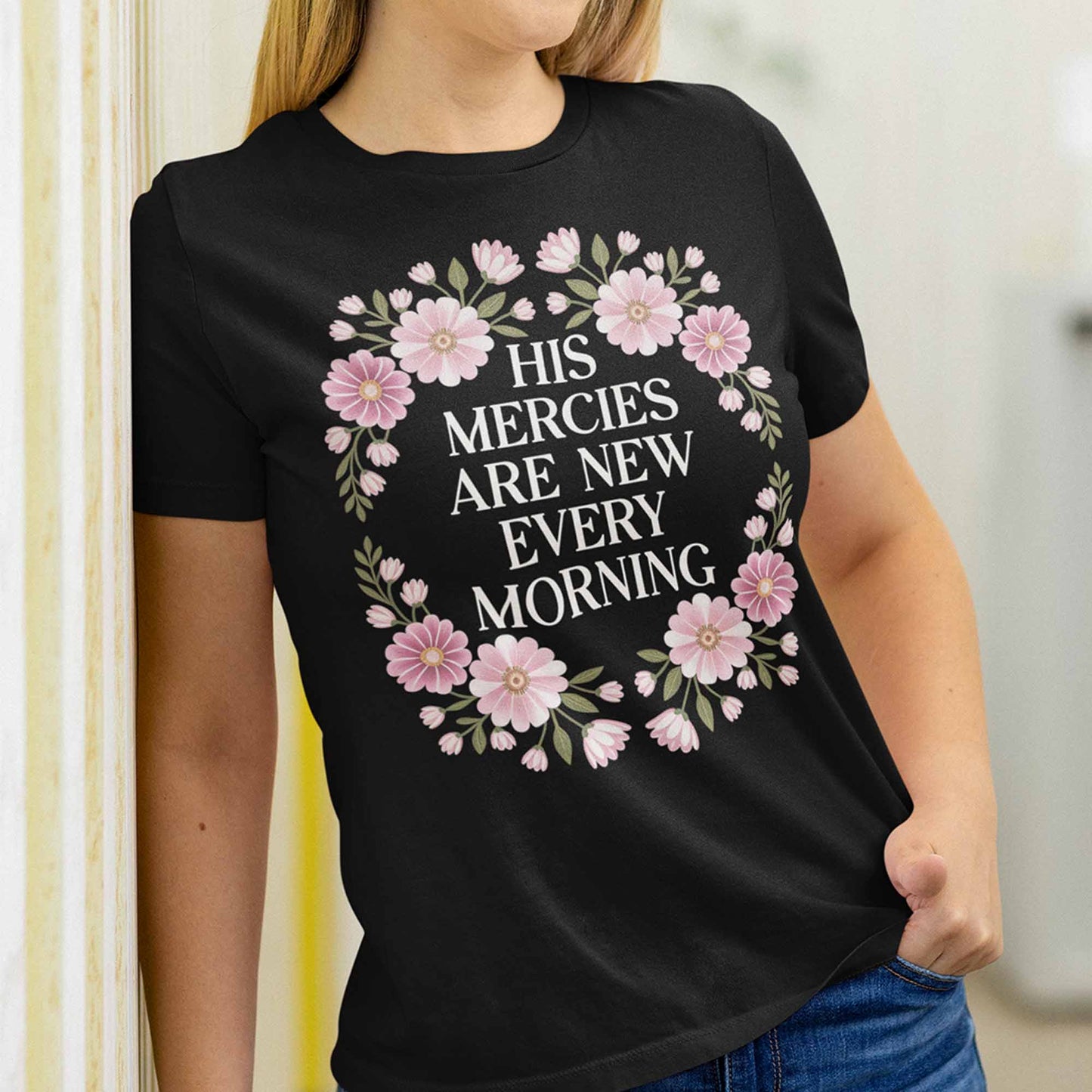 Women's His Mercies Are New Cute Trendy Faith Shirts Christian Casual Graphic Tees Bella Plus Sized Tops
