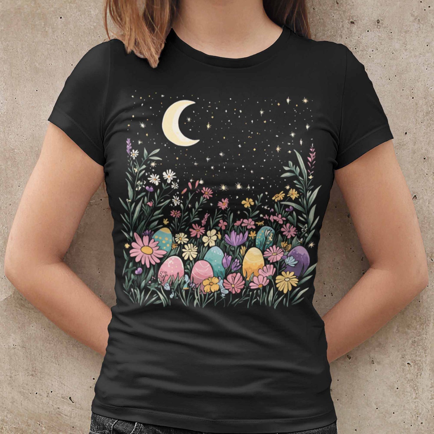Women's Floral Easter Egg Shirts Flower Moon And Stars Night Sky Graphic Tees