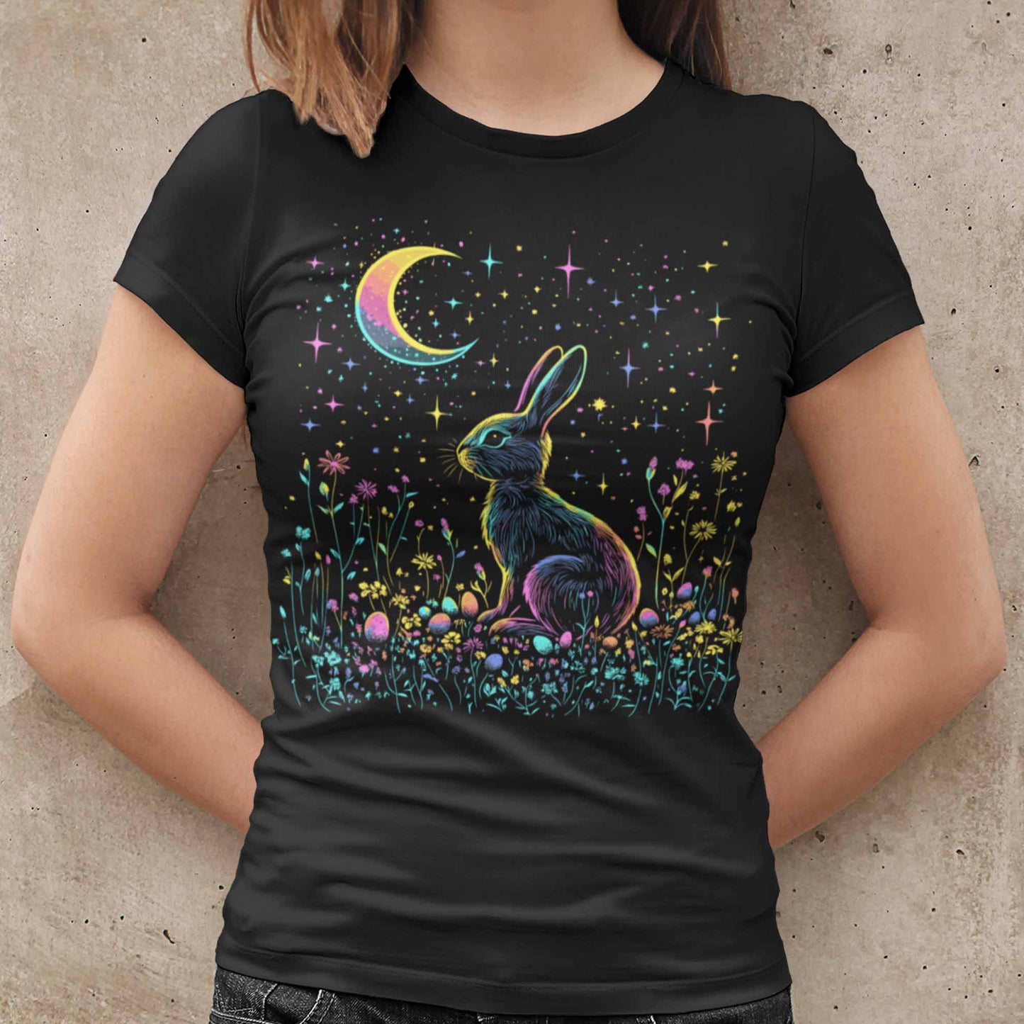 Women's Floral Easter Bunny Egg Shirts Flower Moon And Stars Night Sky Graphic Tees