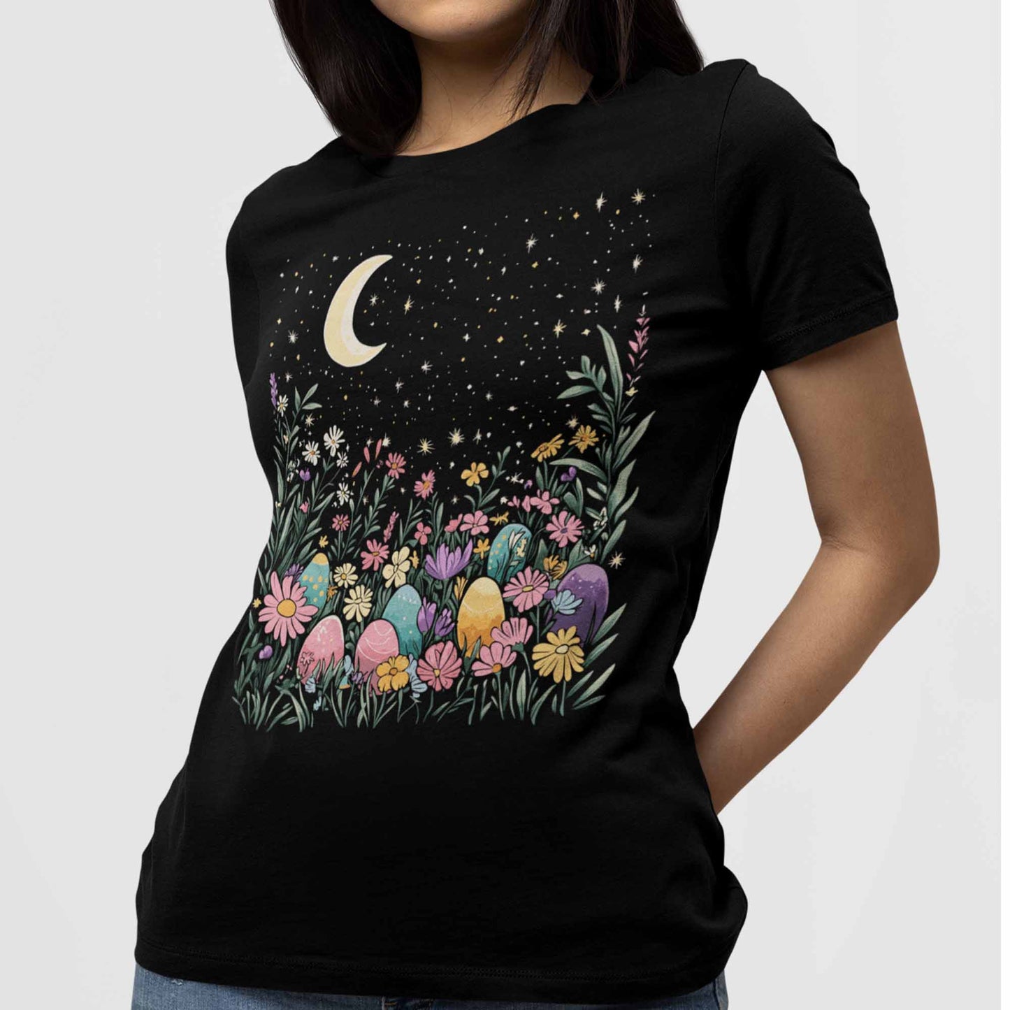 Women's Floral Easter Egg Shirts Flower Moon And Stars Night Sky Graphic Tees