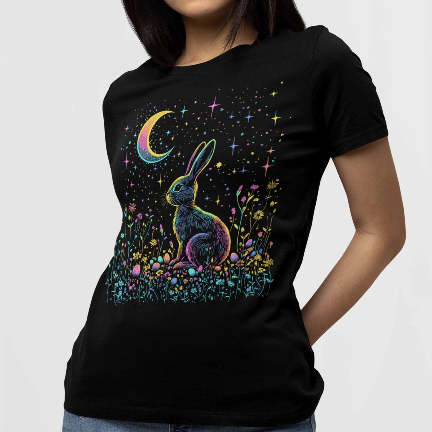 Women's Floral Easter Bunny Egg Shirts Flower Moon And Stars Night Sky Graphic Tees