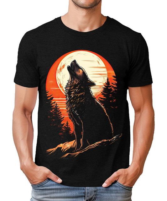 Wolf Shirts for Men Howling Wolves Tshirt Cool Premium Short Sleeve Moon Graphic Tees