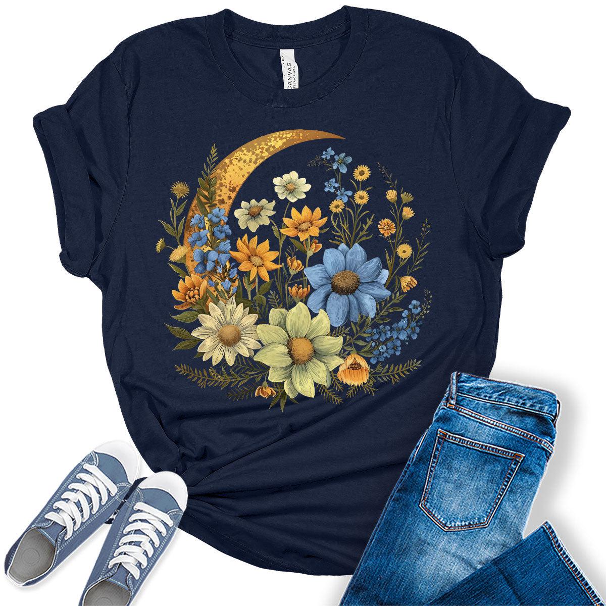 Crescent Moon Flowers Shirt Cottagecore Aesthetic Floral Graphic Tees for Women