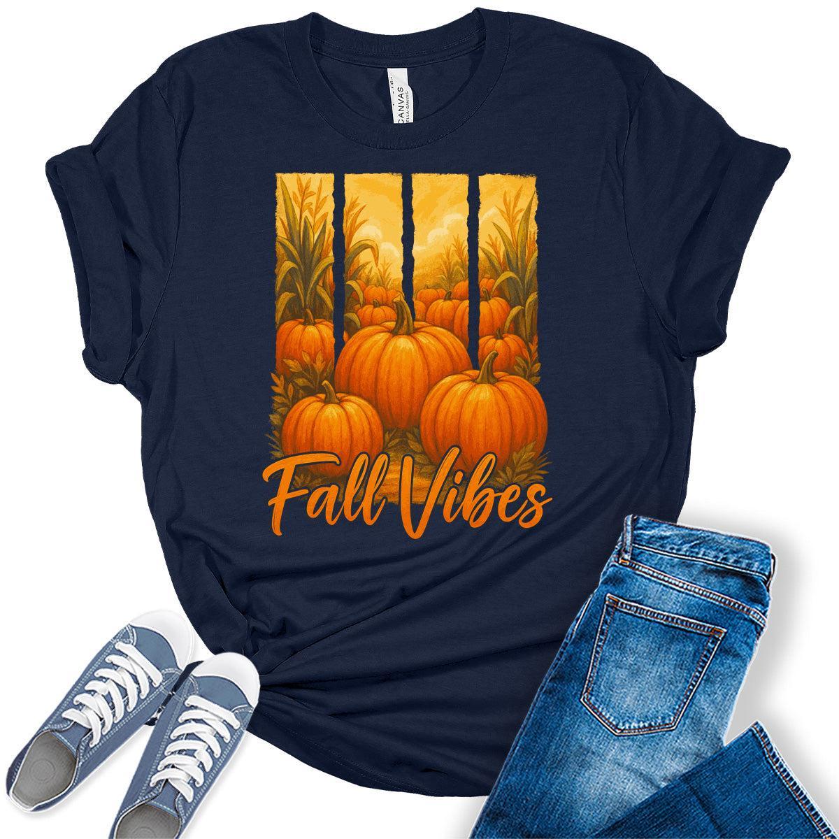Fall Vibes Pumpkin Graphic T-Shirt for Women Vintage Thanksgiving Tees Casual Fall Shirt