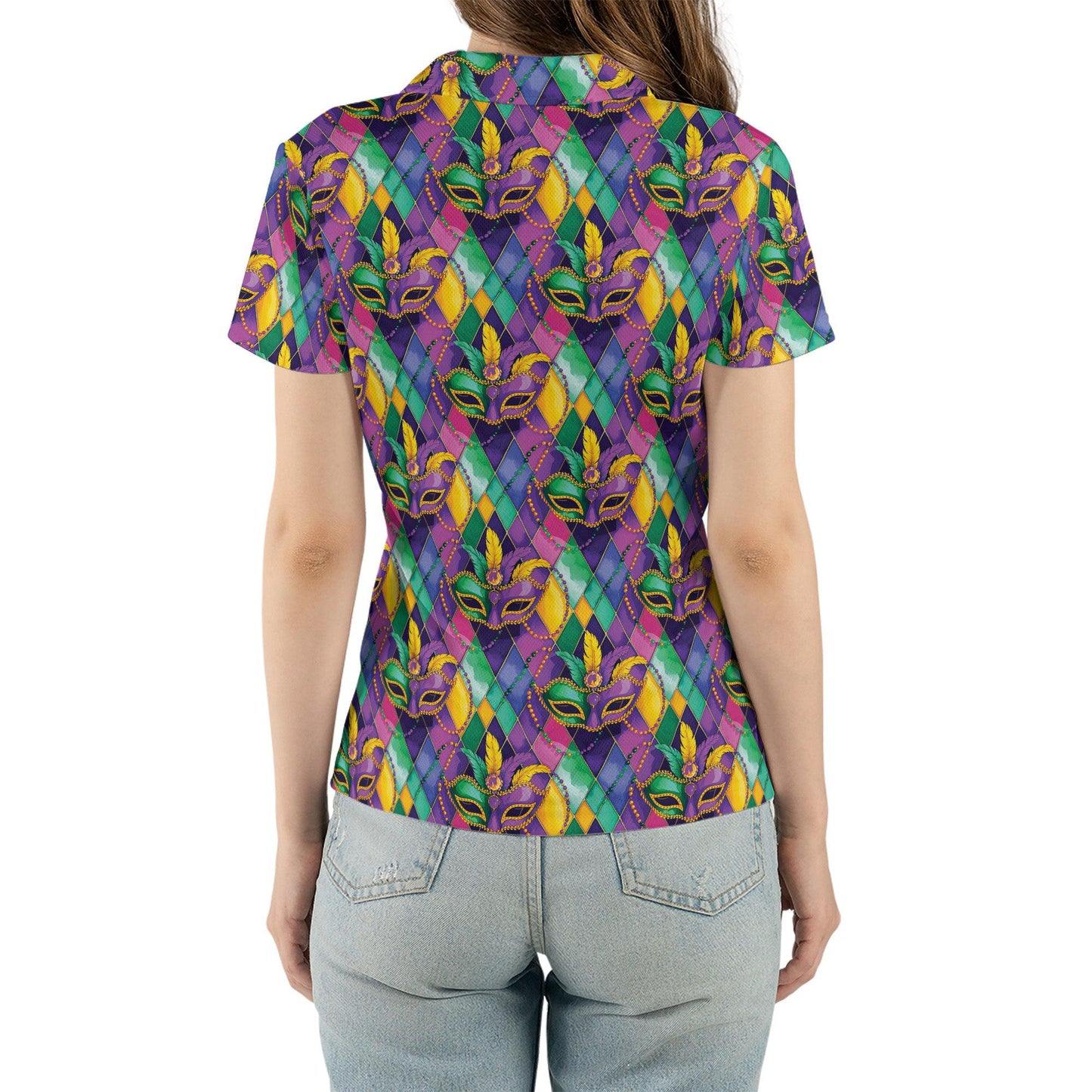 Mardi Gras Polo Shirts for Women Mask Party Shirt Moisture Wicking Short Sleeve Golf Shirt