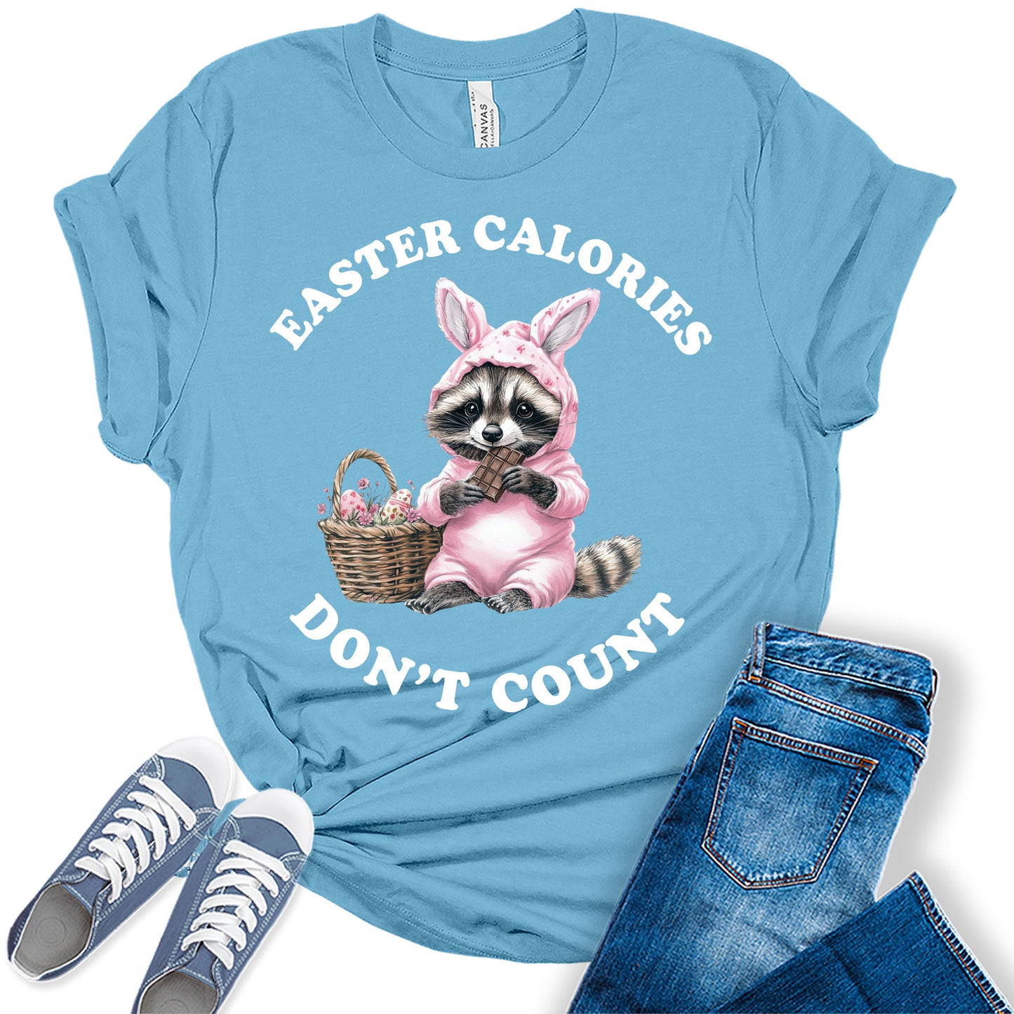 Funny Easter Shirts for Women Trendy Raccoon Bunny Easter Calories Don't Count Bella Plus Sized Tops