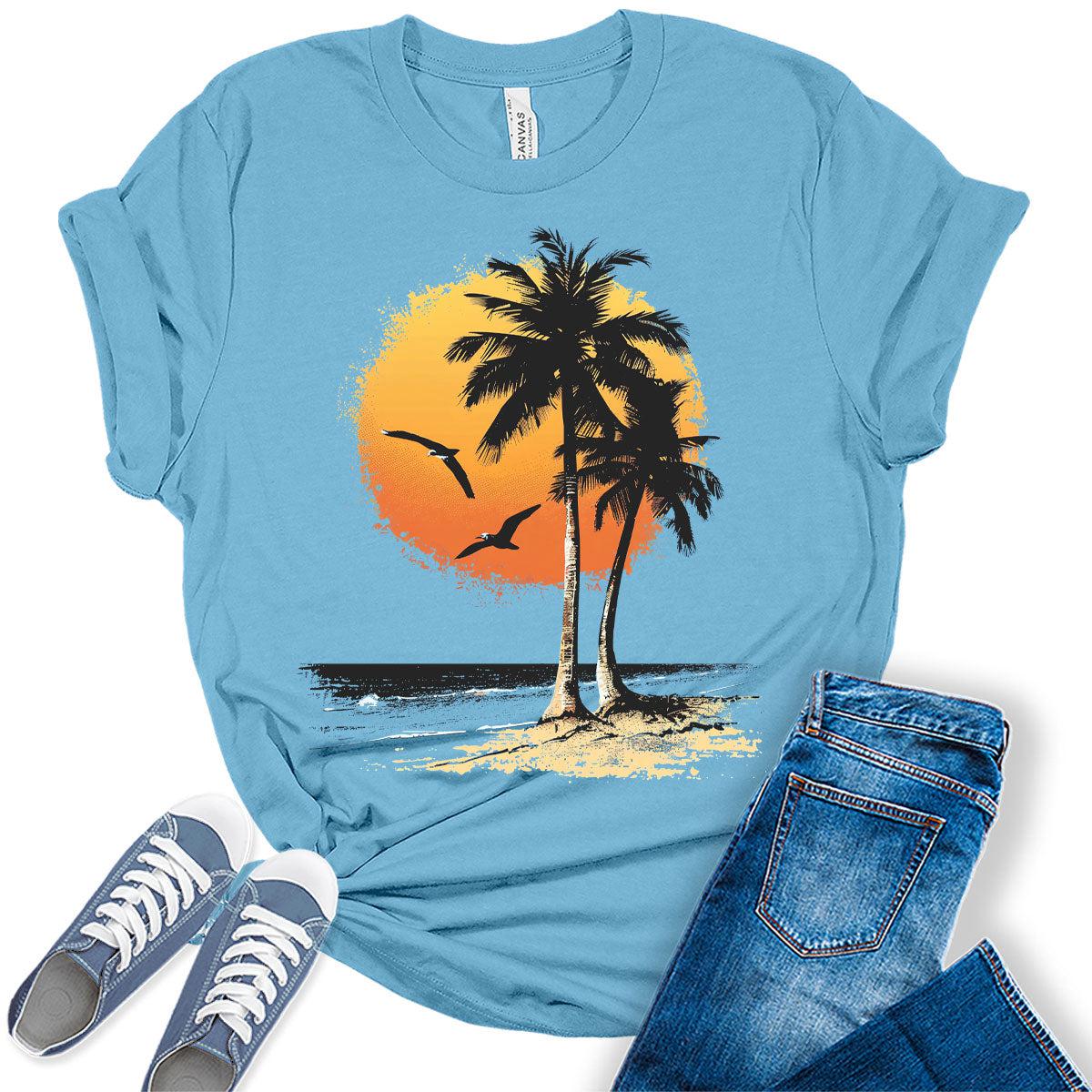 Beach Shirts for Women Palm Tree Sunset T Shirt Trendy Plus Size Summer Tops