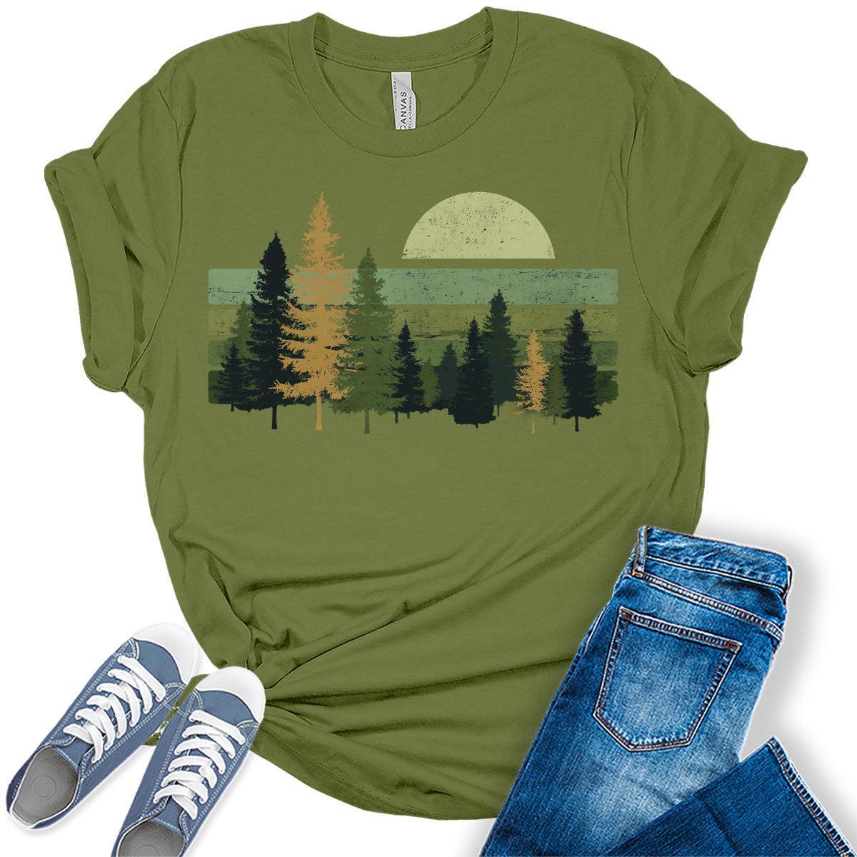 Camping T-Shirt for Women Vintage Trees Wildlife Nature Tops Forest Graphic Tee Casual Shirt