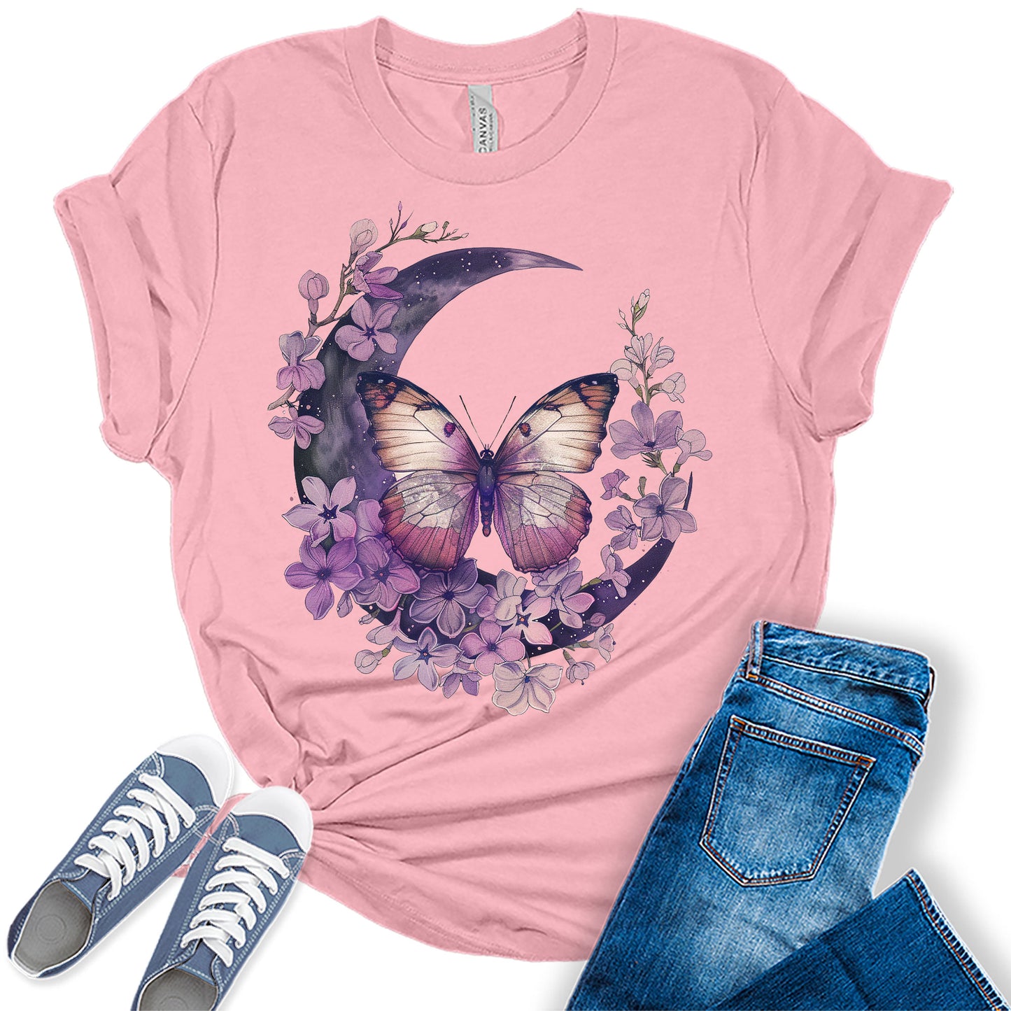 Butterfly Shirt Vintage Cottagecore Wildflowers T Shirt Trendy Moon Graphic Tees for Women