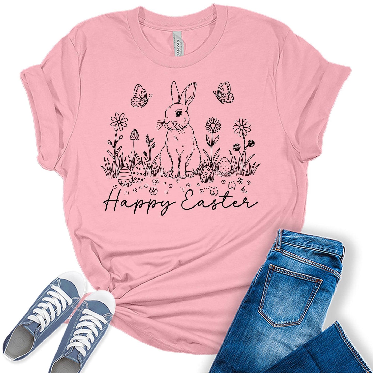 Women's Happy Easter Shirt Cute Trendy Casual Graphic Tees Bella Plus Sized Tops