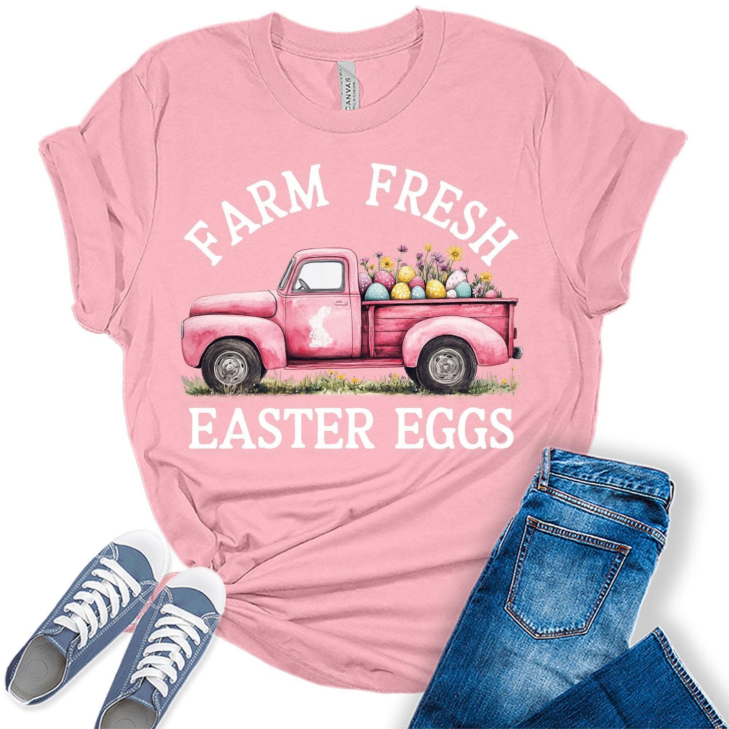 Women's Easter Shirts Farm Fresh Easter Eggs Truck Trendy Casual Graphic Tees Bella Plus Sized Tops