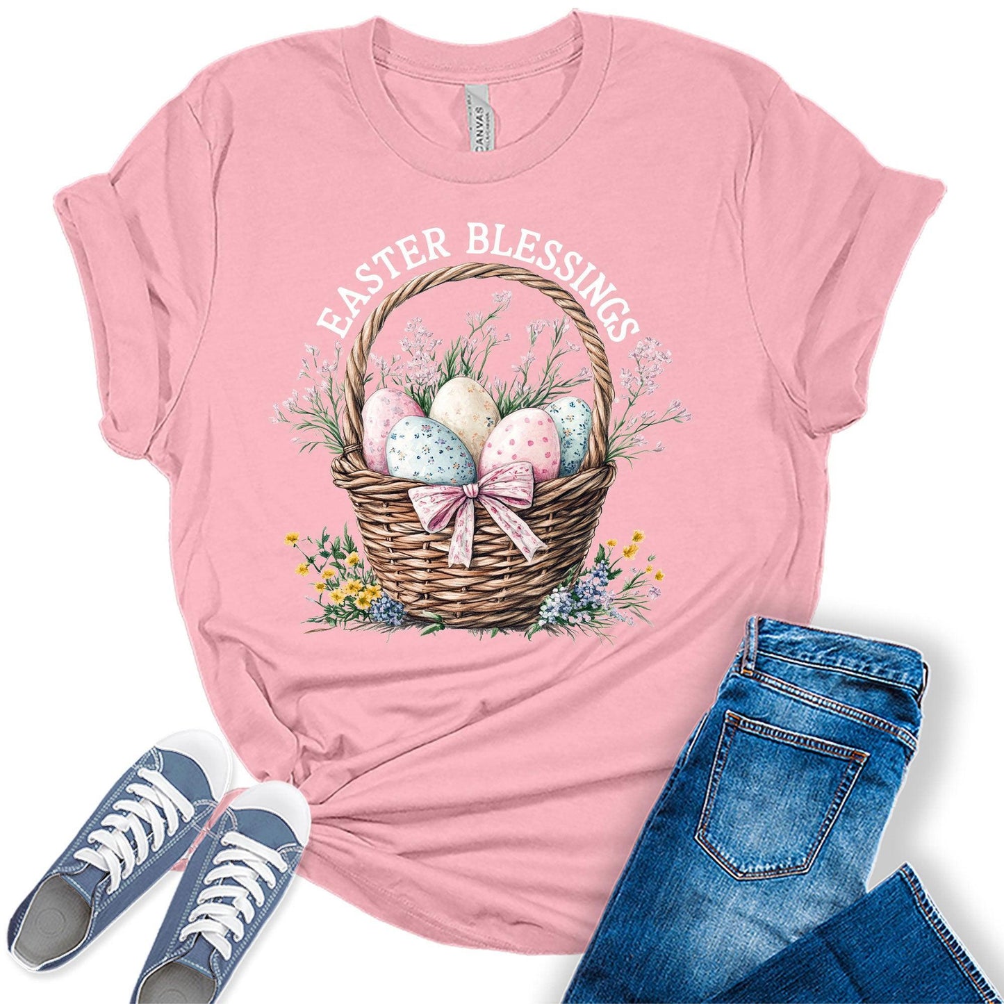 Easter Blessings Shirt for Women Pastel Egg Basket Spring Bella Plus Size Holiday Graphic Tee