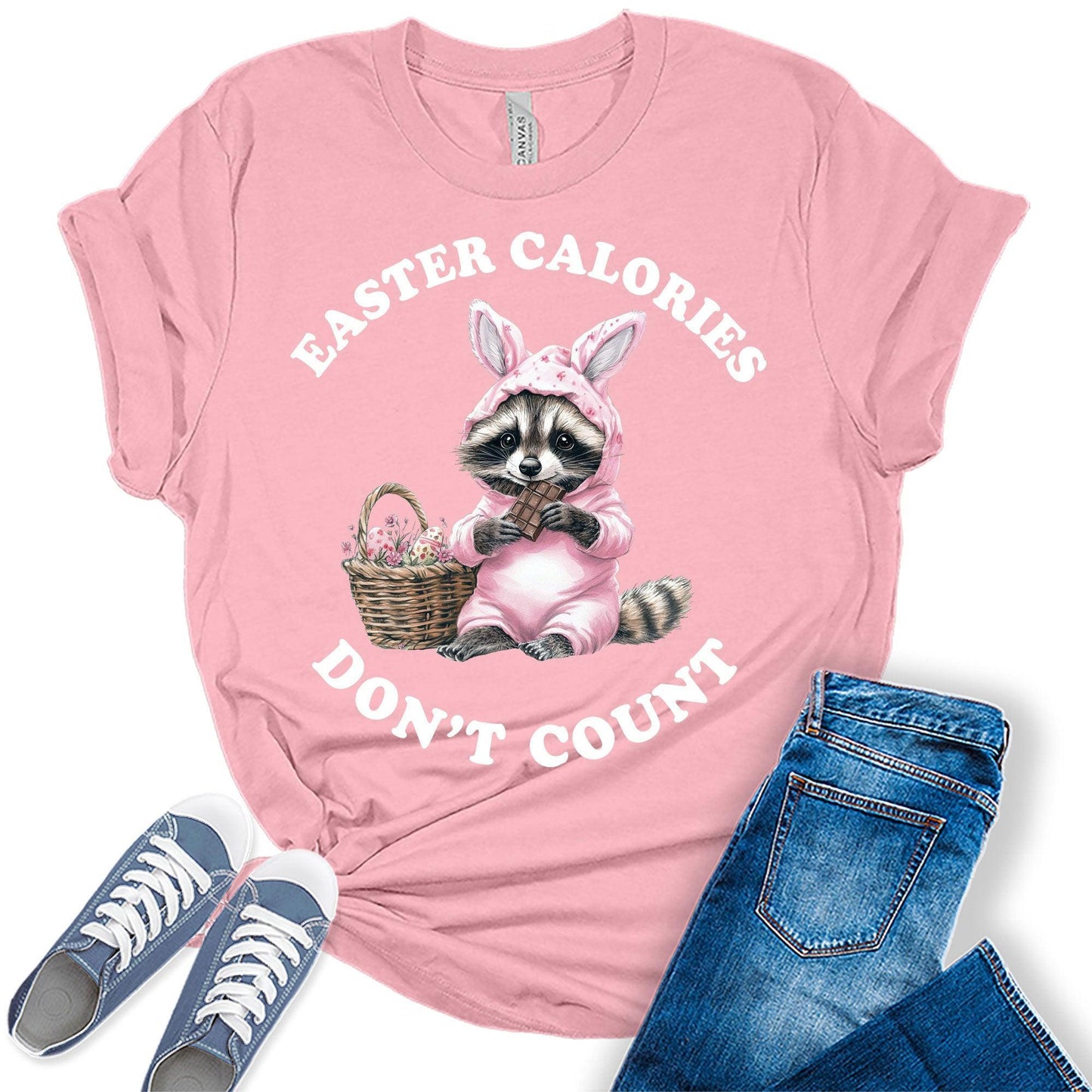 Funny Easter Shirts for Women Trendy Raccoon Bunny Easter Calories Don't Count Bella Plus Sized Tops