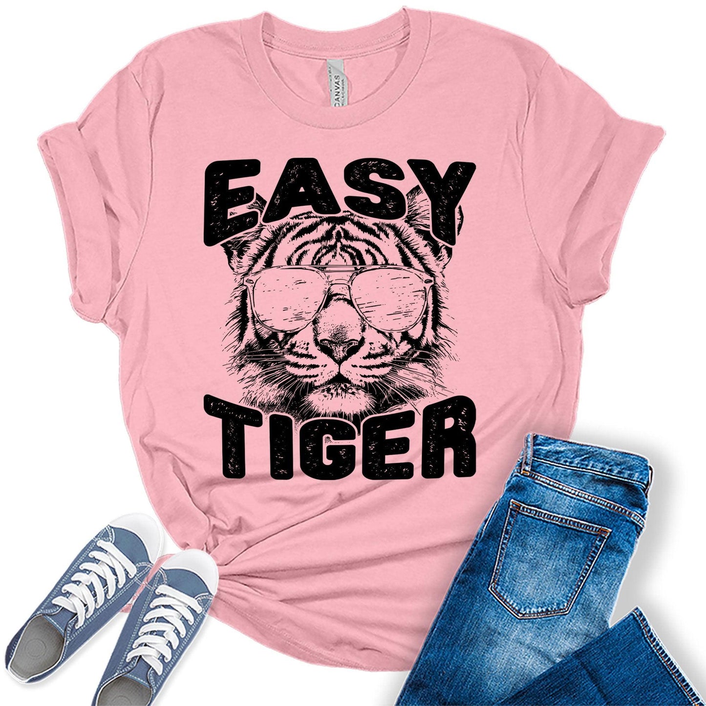 Women's Easy Tiger Shirt Funny Casual Graphic Tees Bella Plus Sized Tops