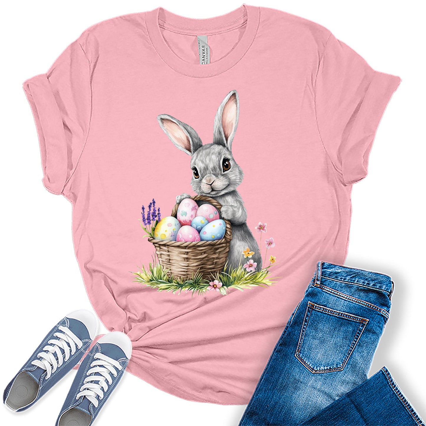 Easter Bunny Shirt Cute Pastel Egg T-Shirt Spring Floral Holiday Bella Plus Size Tops