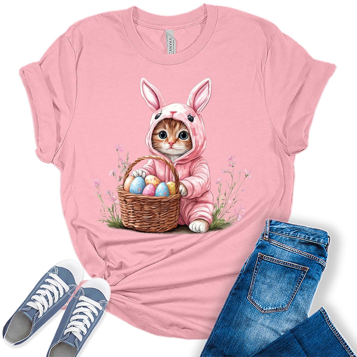 Easter Cat Shirt Cute Kitten in Bunny Costume with Egg Basket Spring Holiday Tee
