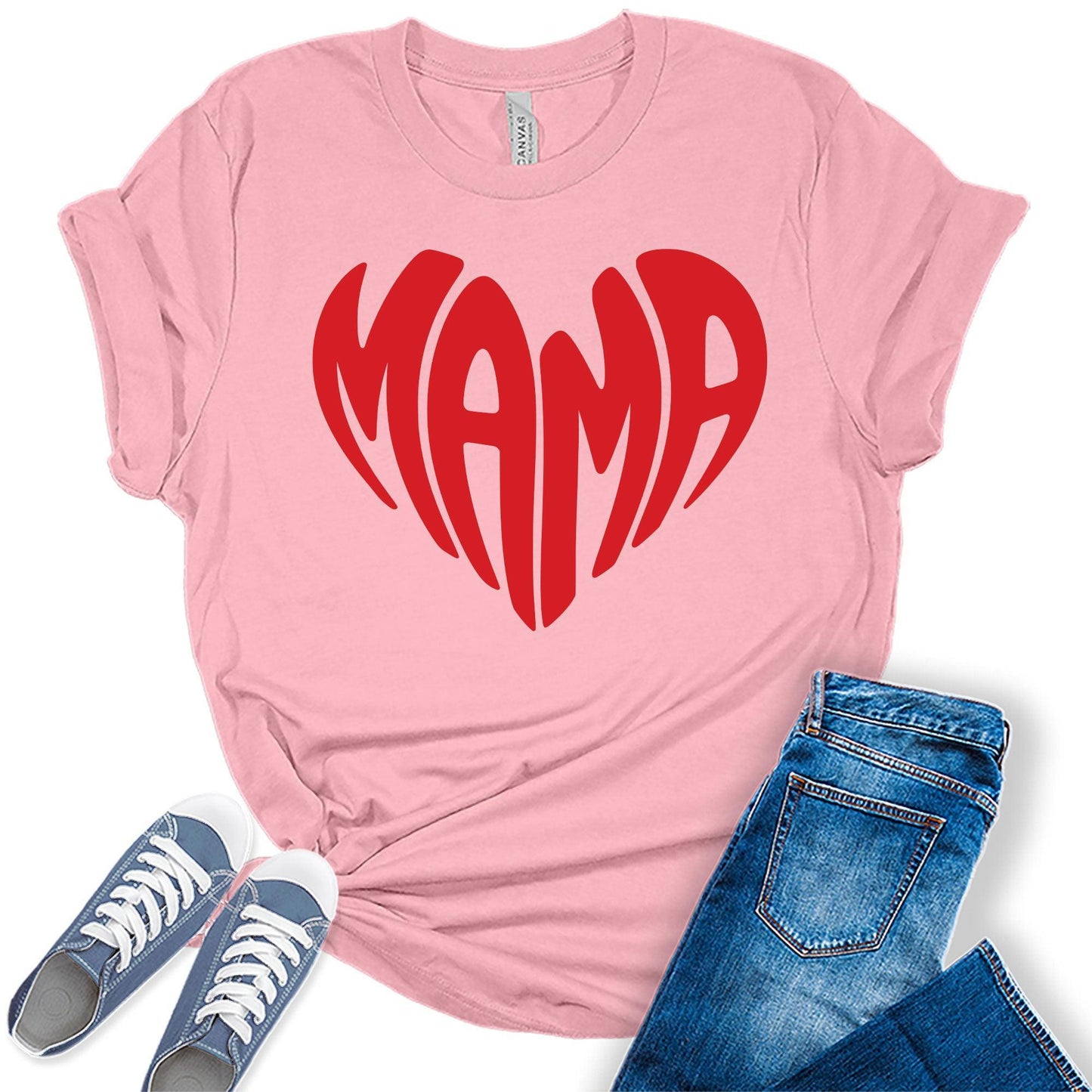 Mama Shirt Cute Heart Graphic Tees for Women Retro Bella Plus Sized Tops